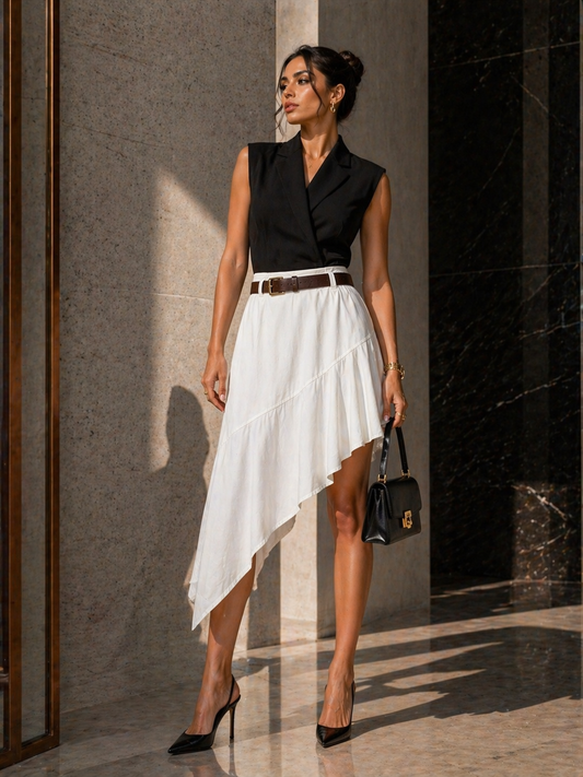 White Asymmetric Belted Midi Skirt