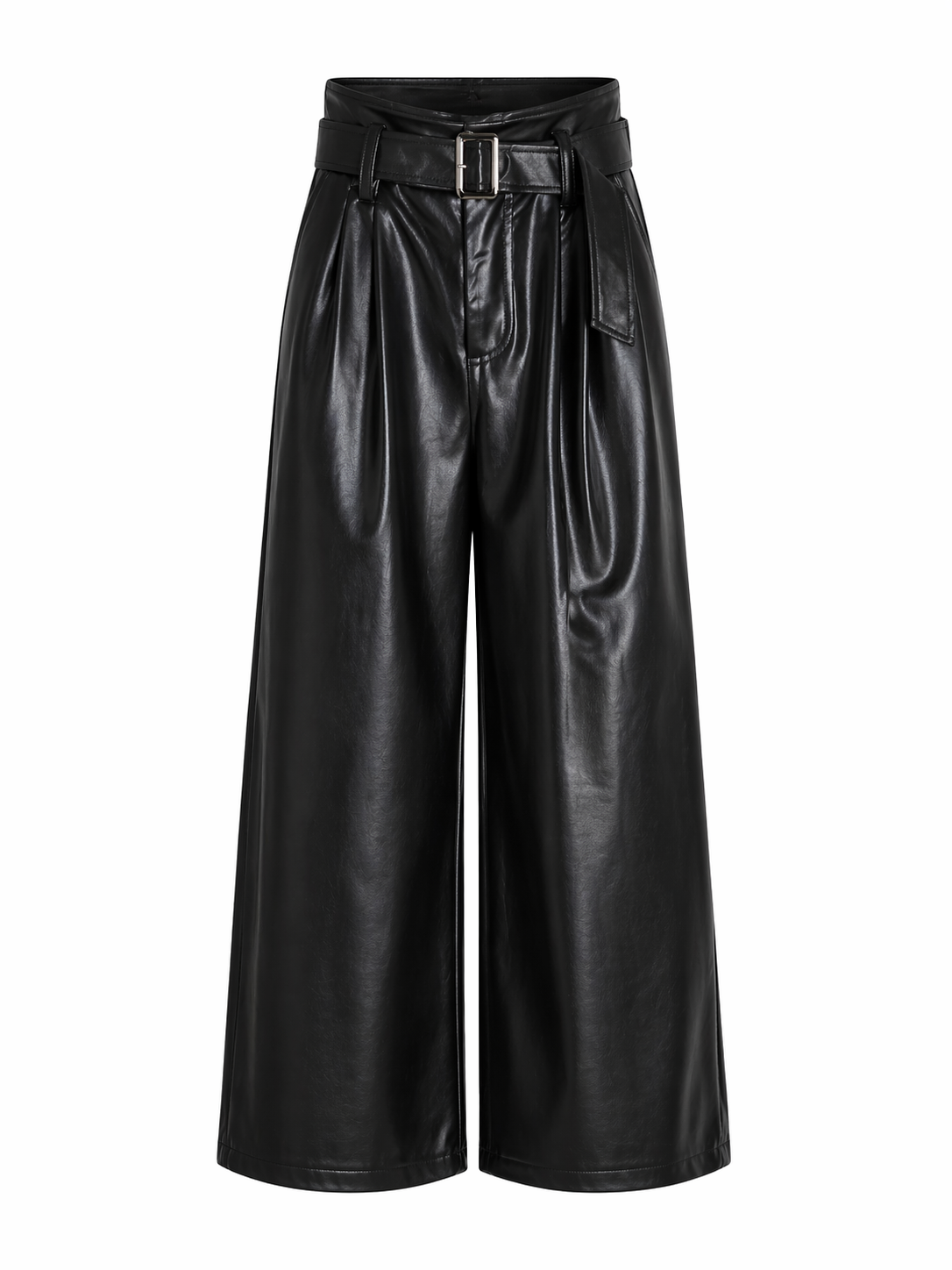 Black Faux Leather Wide-Leg Belted Pants