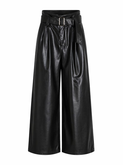 Black Faux Leather Wide-Leg Belted Pants