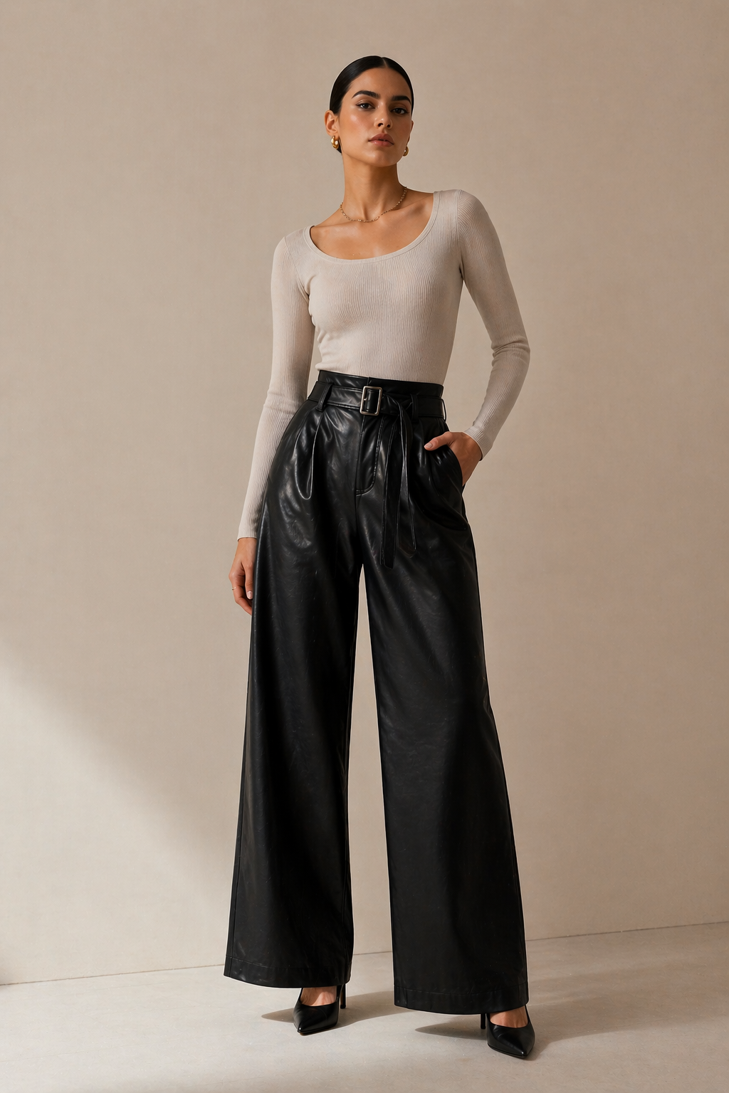 Black Faux Leather Wide-Leg Belted Pants