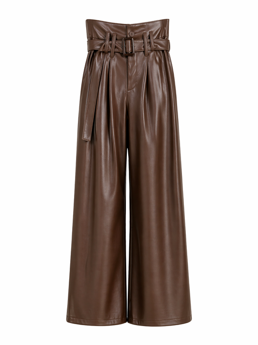 Brown Faux Leather Wide Leg Belted Pants Women Korean Fashion India