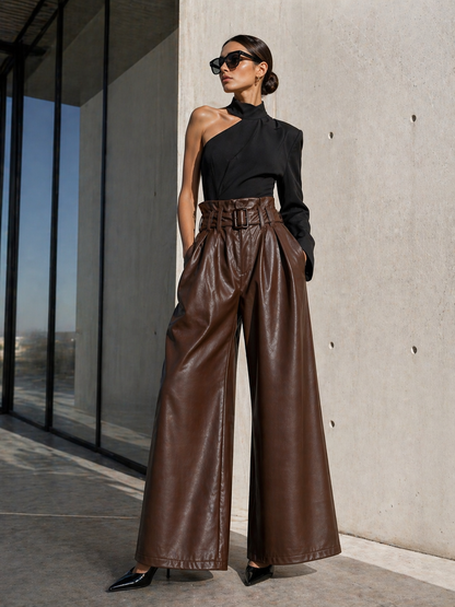 Brown Faux Leather Wide-Leg Belted Pants