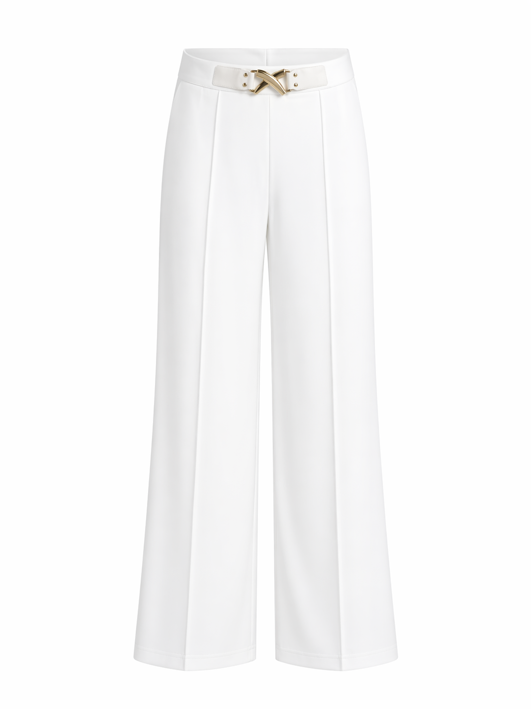 White Wide-Leg Pleated Pants with Gold Buckle Belt