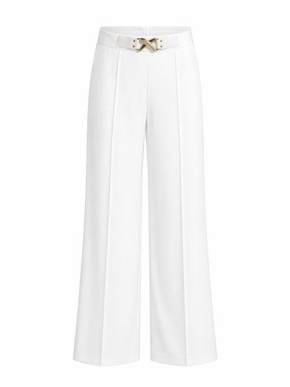 White Wide-Leg Pleated Pants with Gold Buckle Belt