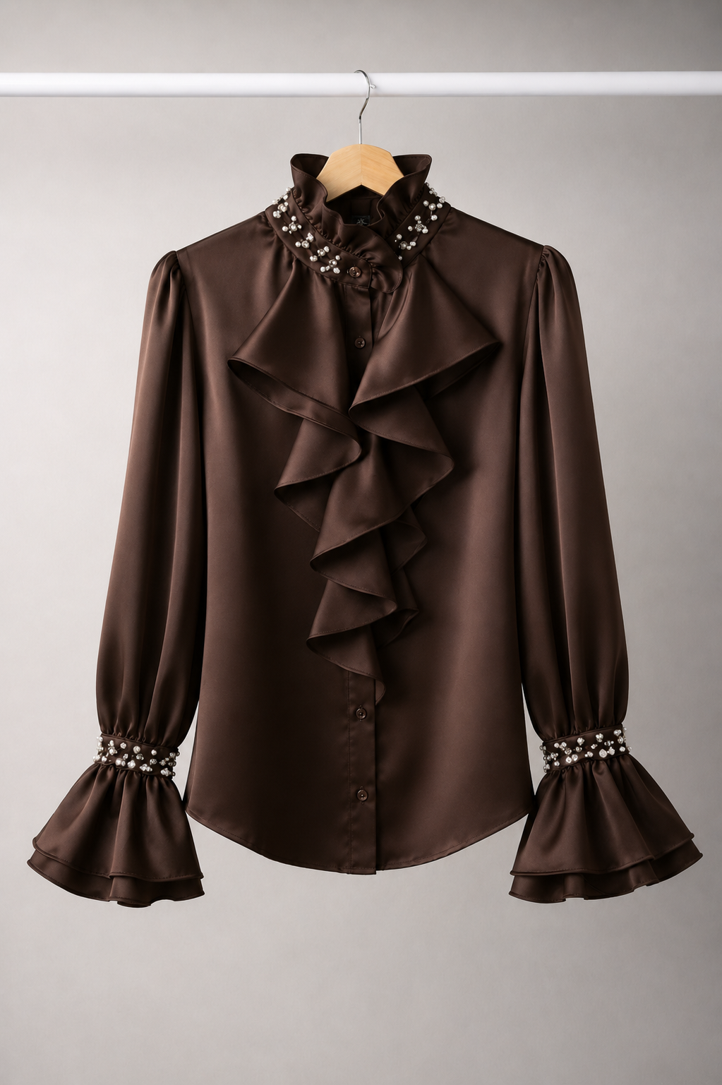 Brown Satin Ruffle Front Shirt with Pearl Embellished Collar & Bell Cuffs for Women | Korean Fashion India