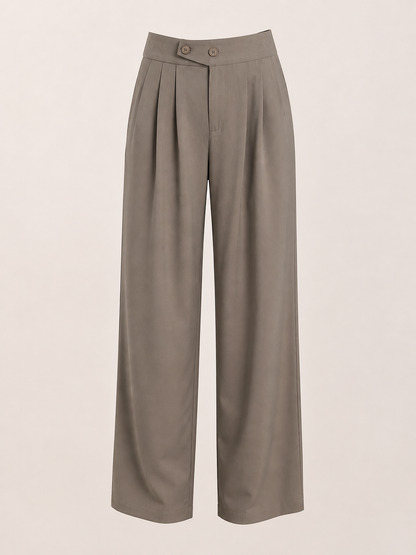 Mocha Wide-Leg Pleated Pants with Button Waistband