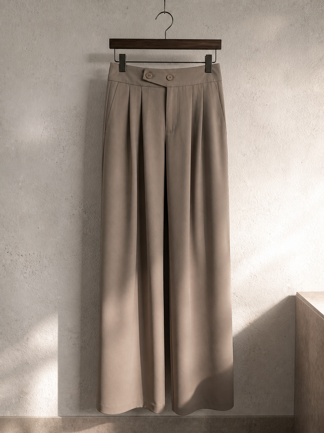 Mocha Wide-Leg Pleated Pants with Button Waistband