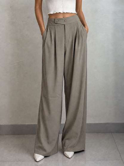 Mocha Wide-Leg Pleated Pants with Button Waistband