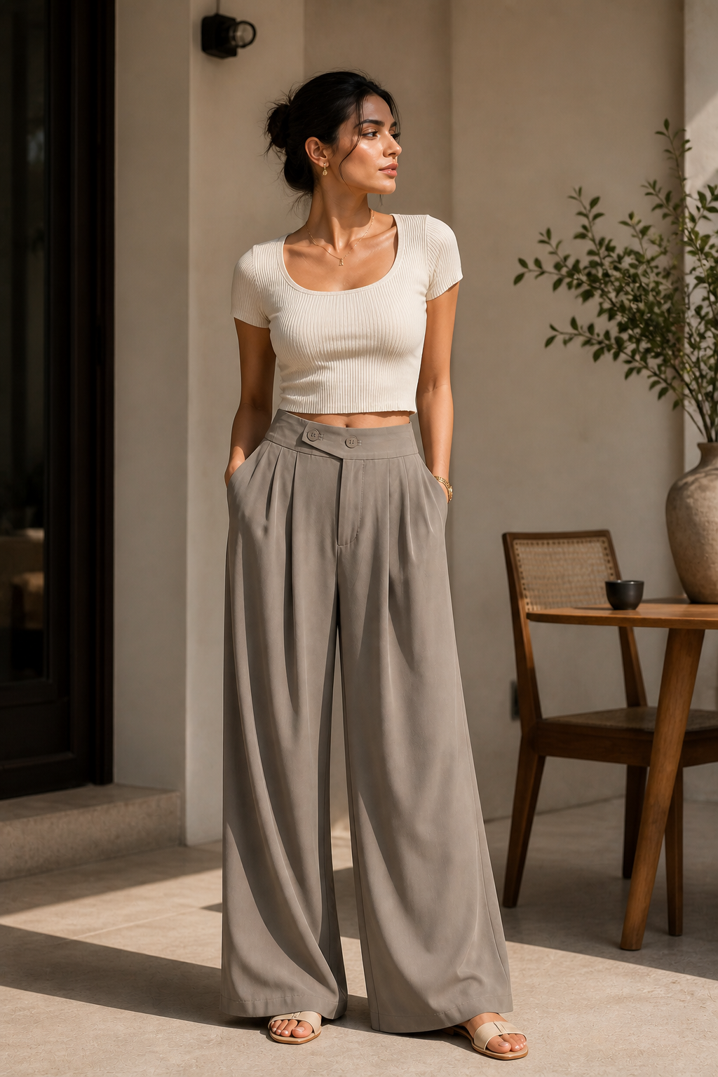 Mocha Wide-Leg Pleated Pants with Button Waistband