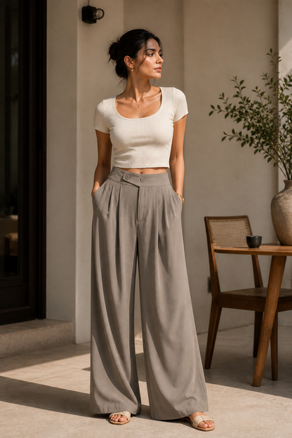 Mocha Wide-Leg Pleated Pants with Button Waistband