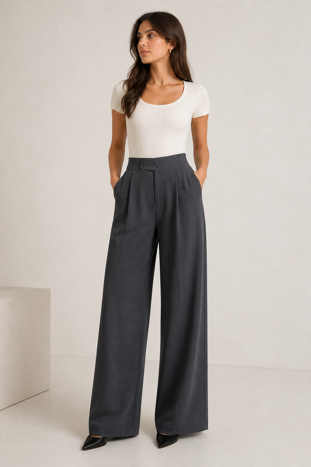 Charcoal Wide-Leg Pleated Pants