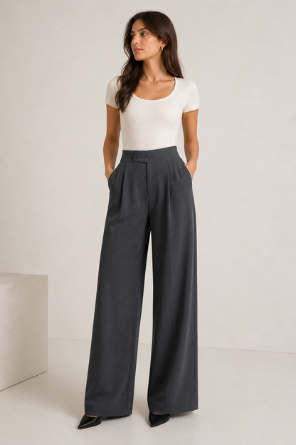 Charcoal Wide-Leg Pleated Pants