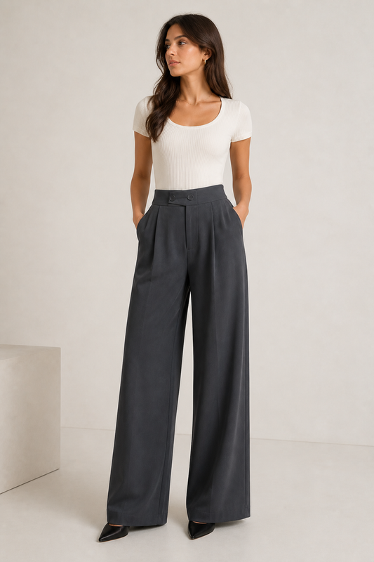Charcoal Wide-Leg Pleated Pants
