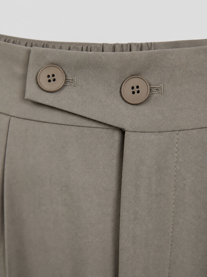 Mocha Wide-Leg Pleated Pants with Button Waistband