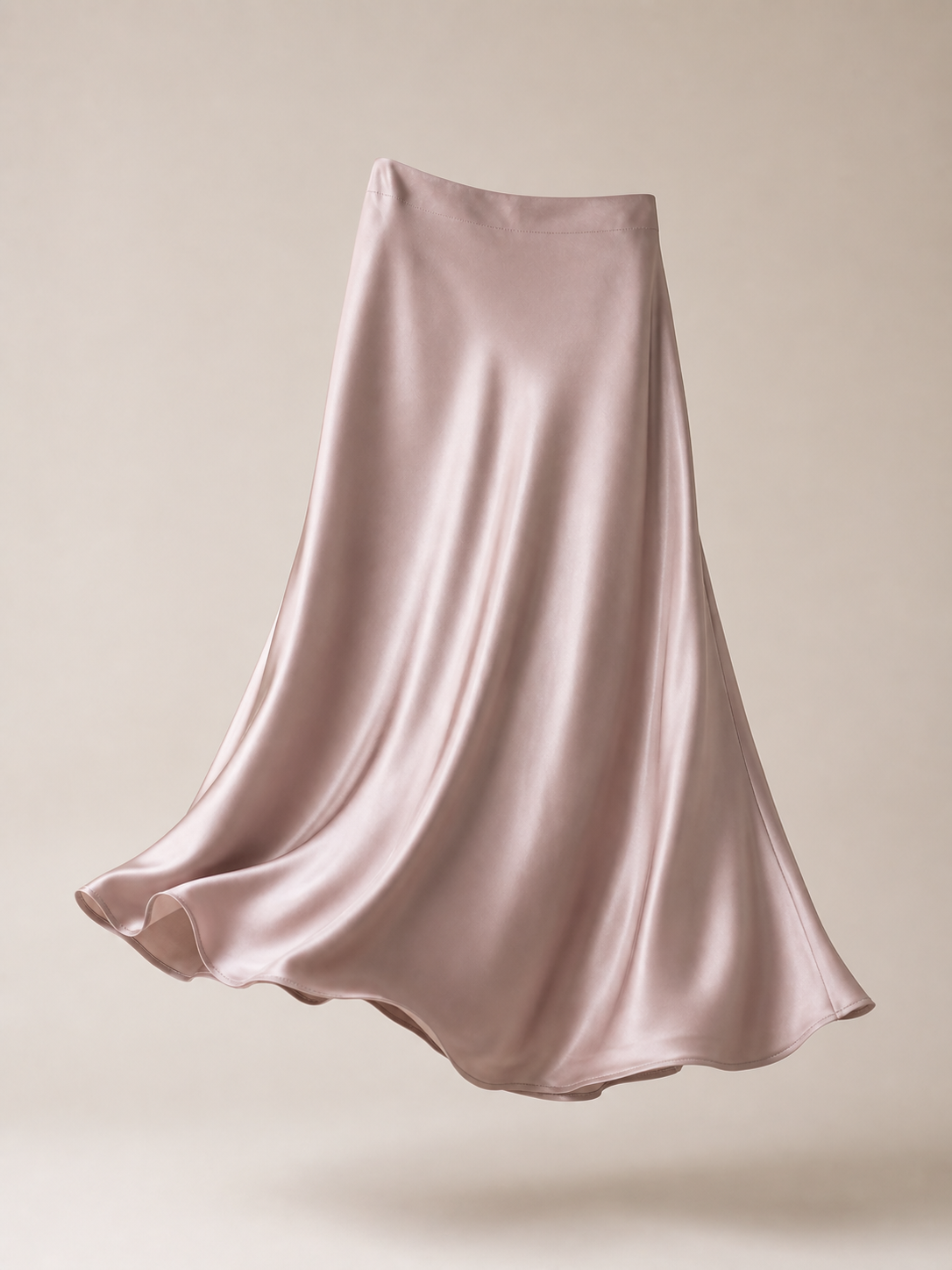 Blush Pink Satin Bias-Cut Midi Skirt