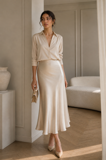Champagne Satin Bias-Cut Midi Skirt