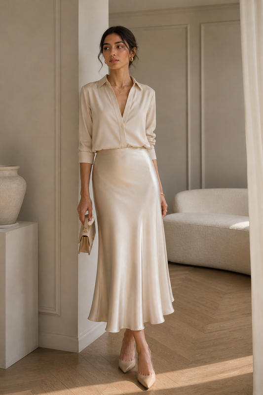 Champagne Satin Bias-Cut Midi Skirt
