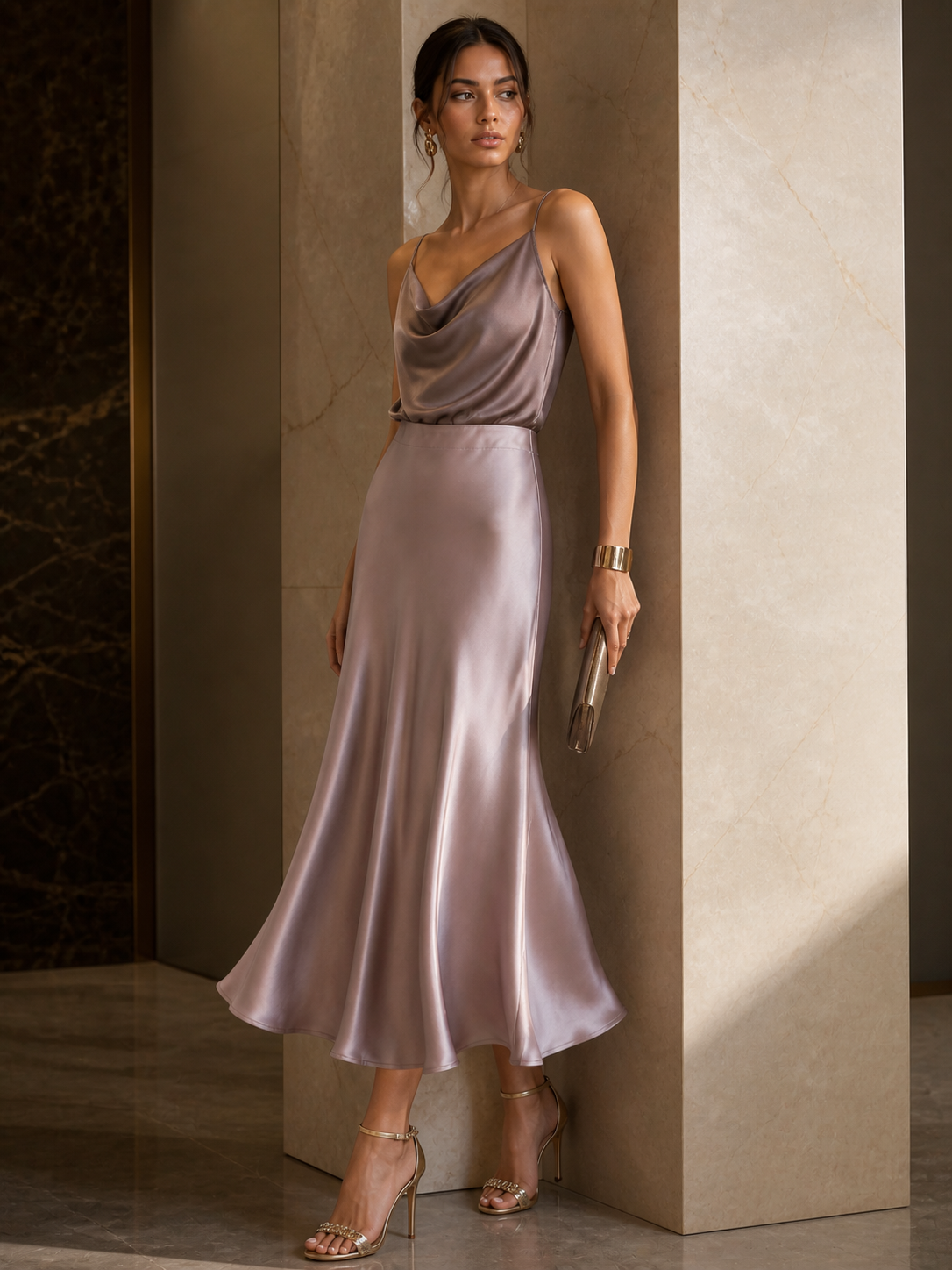 Blush Pink Satin Bias-Cut Midi Skirt