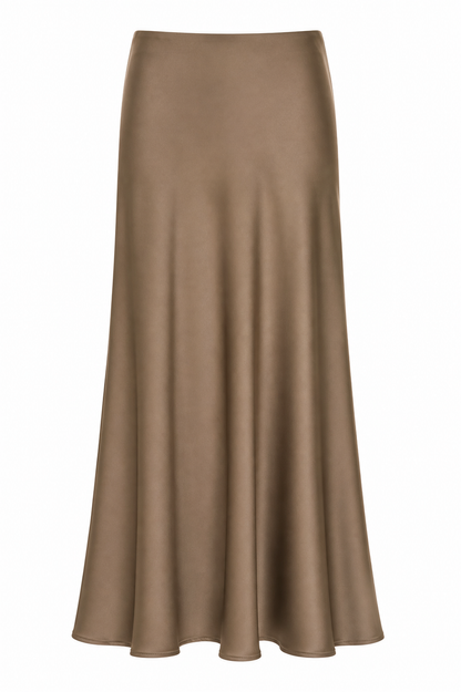 Mocha Satin Bias-Cut Midi Skirt
