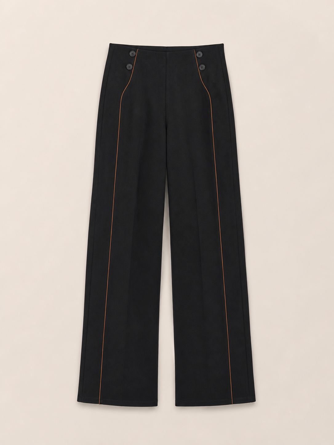 Black Wide-Leg Pants with Tan Piping Detail