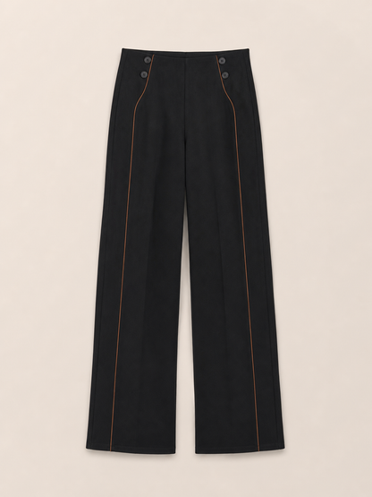 Black Wide-Leg Pants with Tan Piping Detail