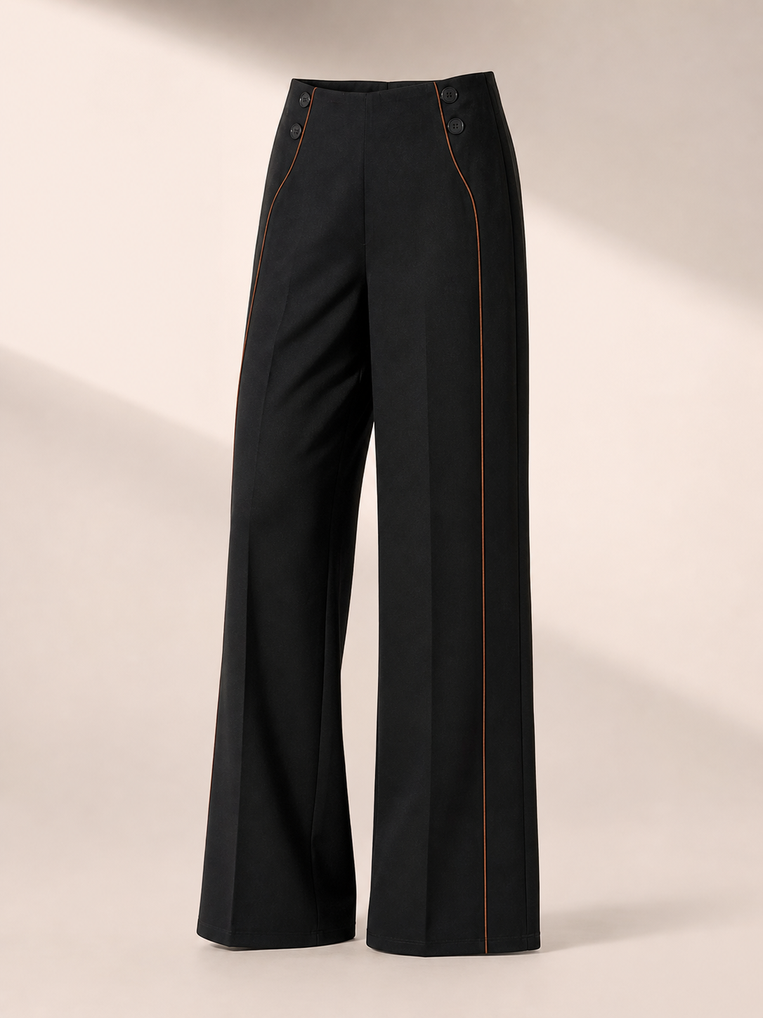 Black Wide-Leg Pants with Tan Piping Detail