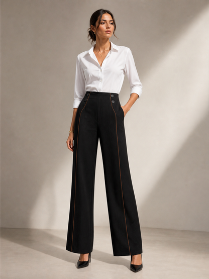 Black Wide-Leg Pants with Tan Piping Detail
