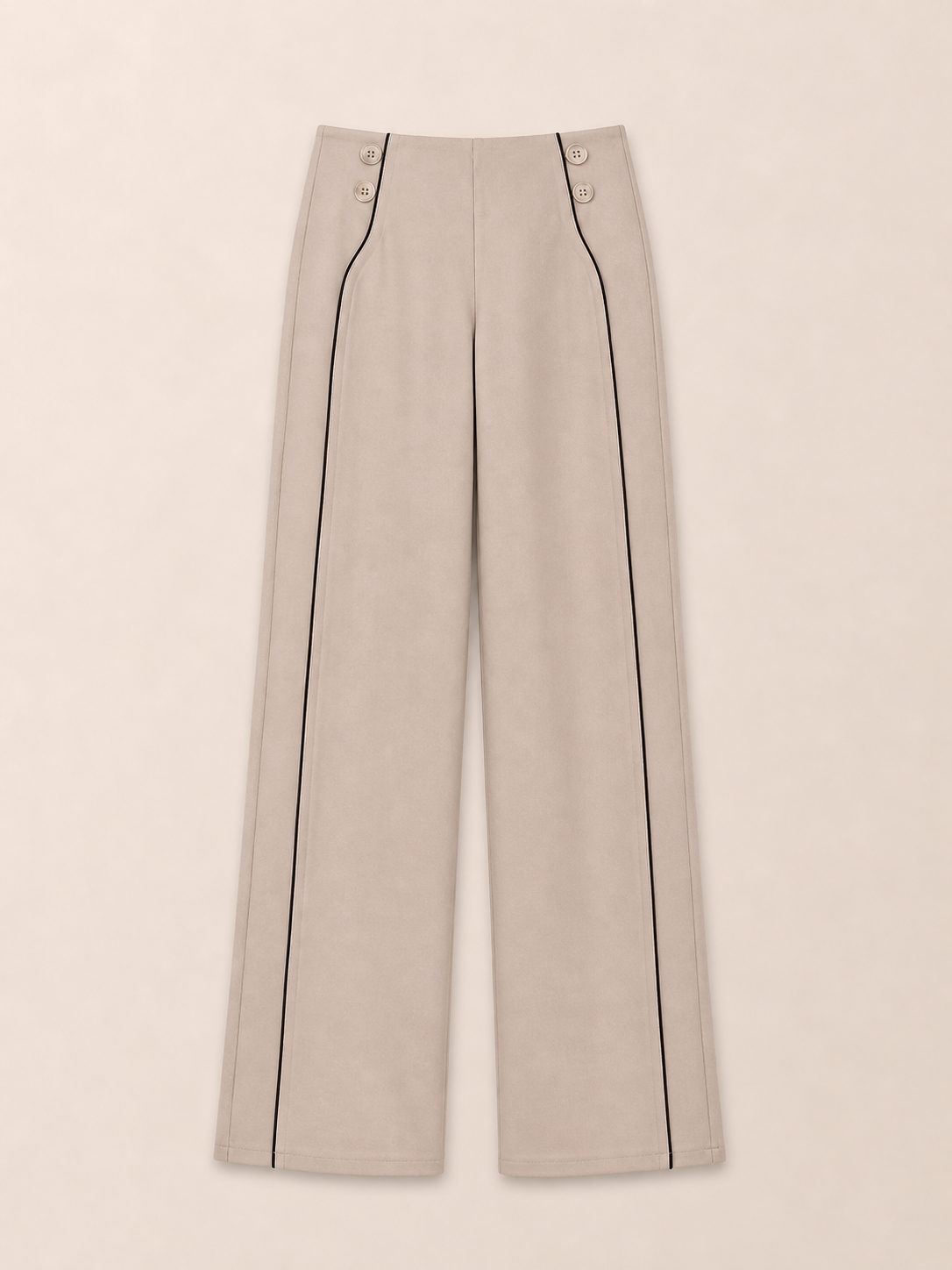 Beige Wide-Leg Pants with Black Piping Detail