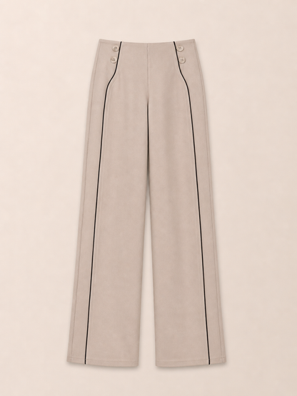 Beige Wide-Leg Pants with Black Piping Detail