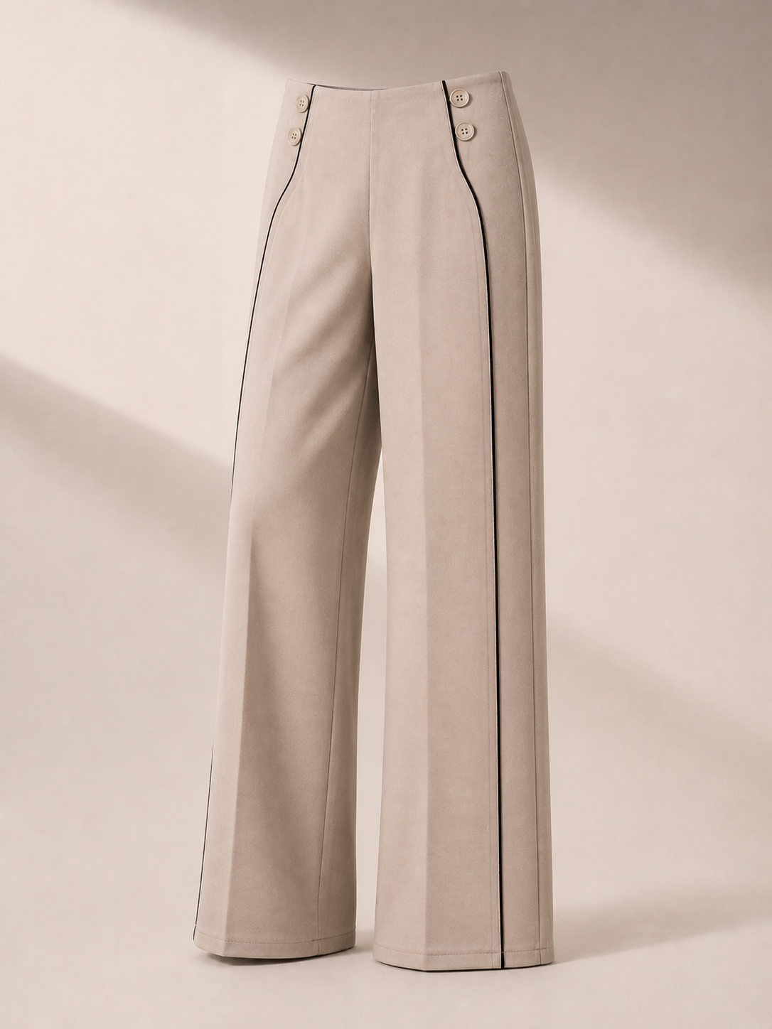 Beige Wide-Leg Pants with Black Piping Detail