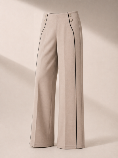 Beige Wide-Leg Pants with Black Piping Detail