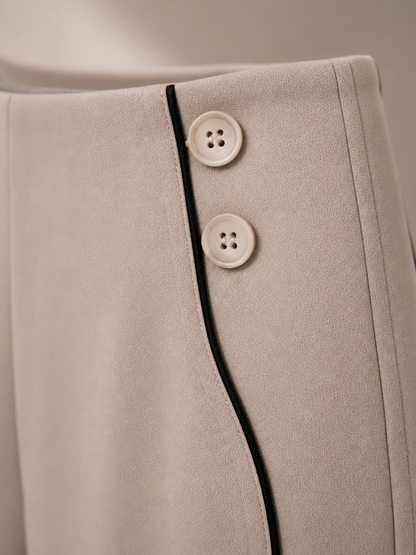 Beige Wide-Leg Pants with Black Piping Detail
