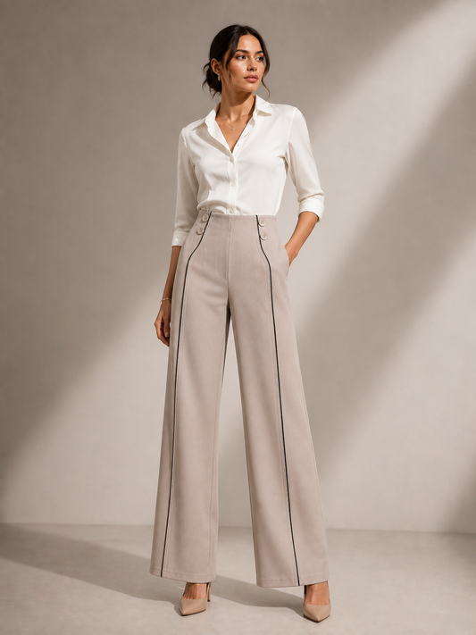 Beige Wide-Leg Pants with Black Piping Detail