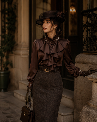 Brown Satin Ruffle Front Shirt with Pearl Embellished Collar & Bell Cuffs for Women | Korean Fashion India