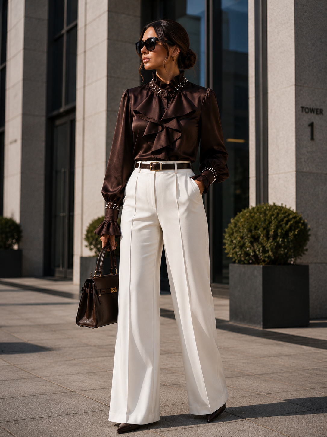Brown Satin Ruffle Front Shirt with Pearl Embellished Collar & Bell Cuffs for Women | Korean Fashion India