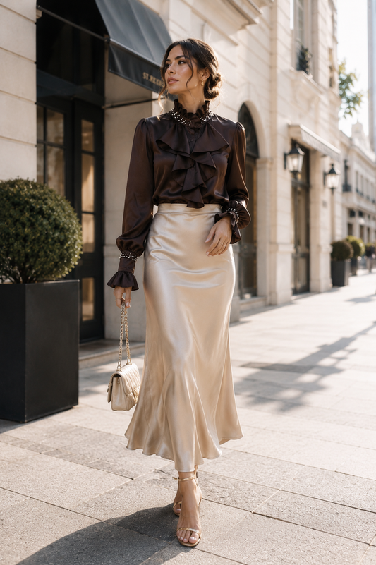 Brown Satin Ruffle Front Shirt with Pearl Embellished Collar & Bell Cuffs for Women | Korean Fashion India